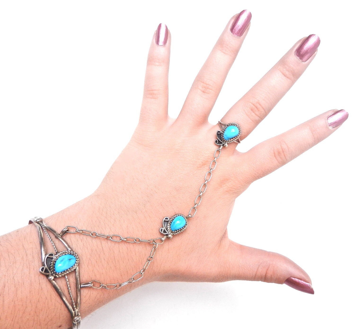 Sterling Silver Turquoise Connected Ring & Bracelet Vintage