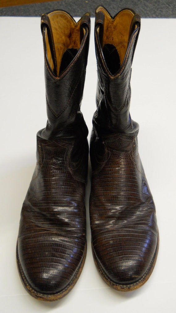 Vintage Used Justin Boots Mens Chocolate Iguana Lizard Ropers