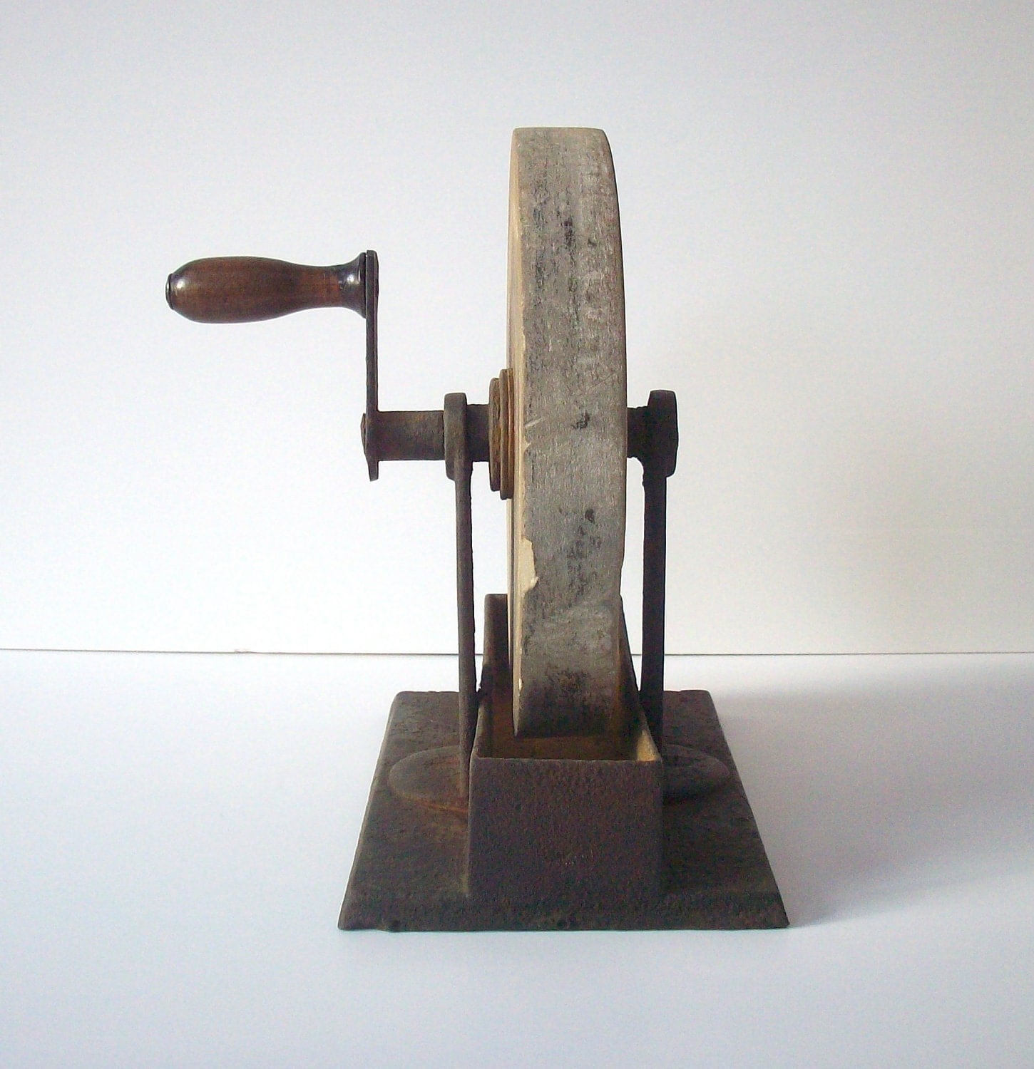 Vintage Grinding Wheel with handle / Steel and Stone