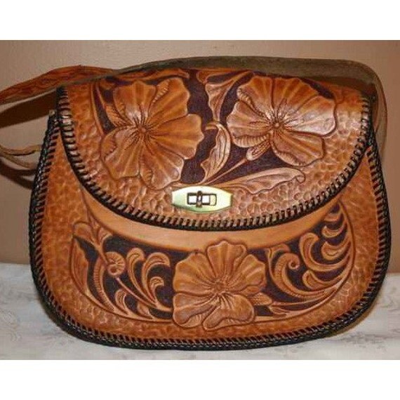 Vintage 1950s Hand Tooled Carved Leather Purse Hand Bag