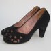 RESERVED Vintage 40s Black Suede Leather Peep Toe Open Lattice Cut Outs Pin Up Girl High Heels 6 1/2