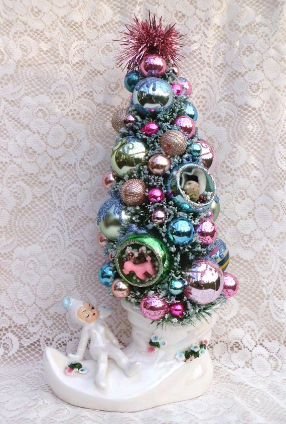 RESERVED for Gregory Vintage Inspired Bottle Brush Tree with VTG and New Blue and Pink Ornaments inside White Boot with Adorable Pixie Elf