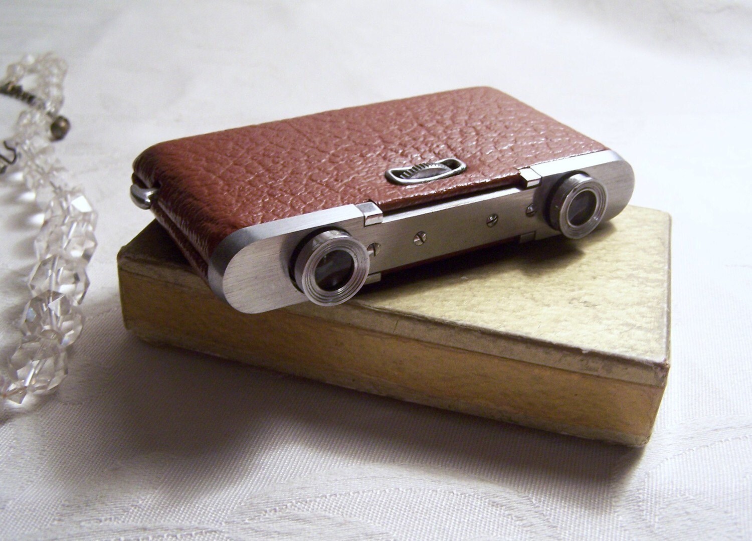 Vintage TITAN Folding Opera Binoculars Brown Case with Box