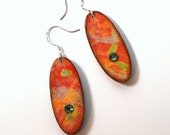 Decoupaged Oval Earrings Red Orange Crystal Embellished Dangle Multicolor Spring Jewelry