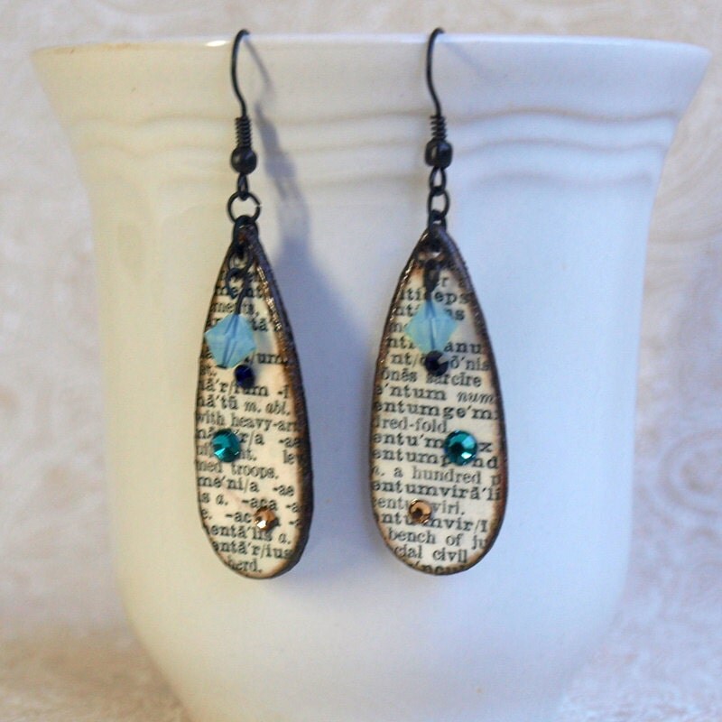 Dictionary Print Earrings Decoupaged Crystal Drop Aqua by rrizzart