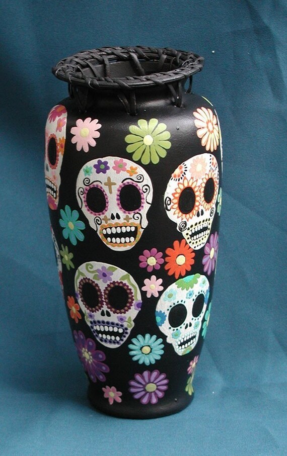 Day of the Dead Sugar Skulls and Flowers Vase Custom Order