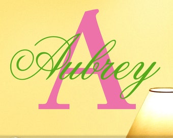 Vinyl Monogram Decal Custom Name and Initial - Wall Decal Letters, Girls Bedroom Decor Decoration, Hot Pink Decor, Flamingo & Green