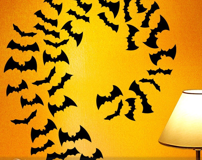 Fall Halloween Decorations for Indoors or Outdoors, Vinyl Wall Decals 36 Flying Black Bats Silhouettes