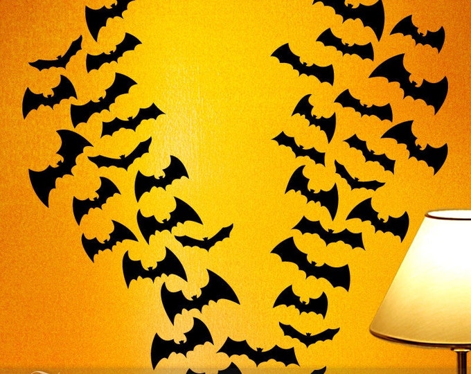 Fall Halloween Decorations for Indoors or Outdoors, Vinyl Wall Decals 36 Flying Black Bats Silhouettes