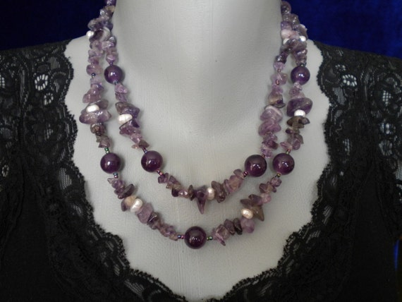 Sale 20% off Amethyst Gem stones Pearls Long Necklace