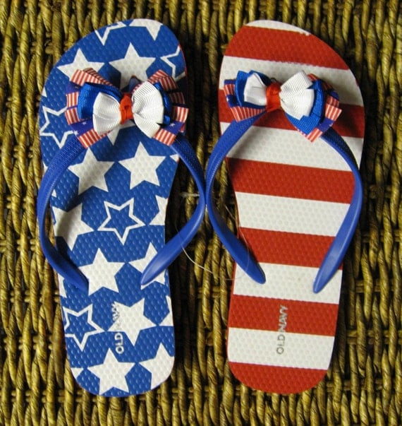 American Flag Flip Flops with Red/White/Blue Striped Ribbon