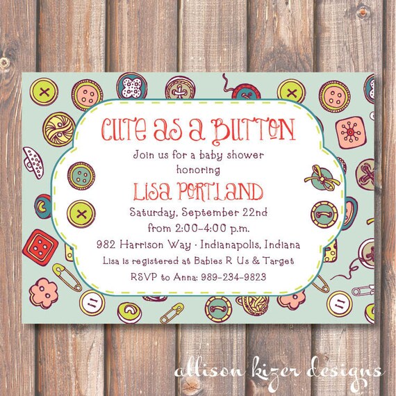 Cute as a Button Printable Invitation Baby Shower Baby Boy