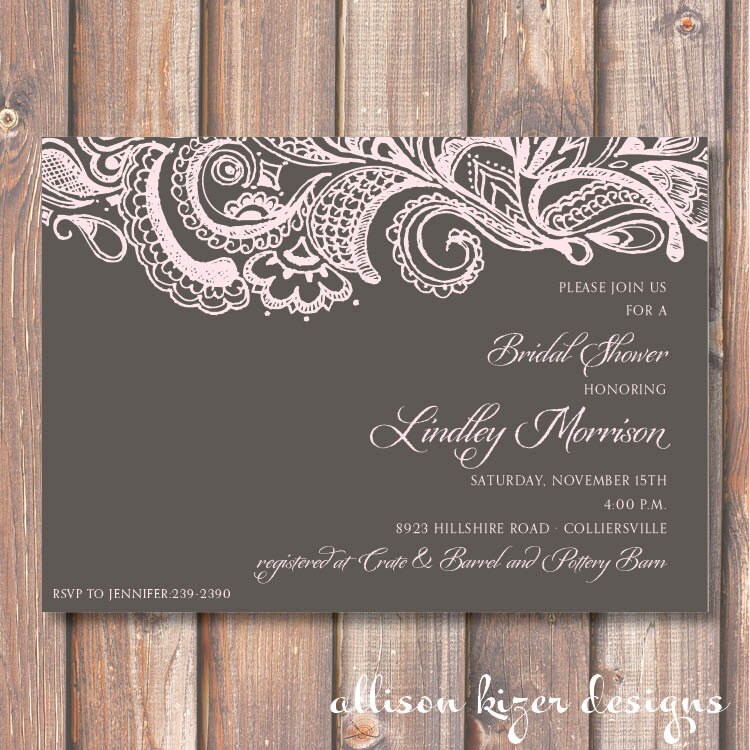 Mehndi Printable Bridal Shower Invitation Charcoal Gray Pale