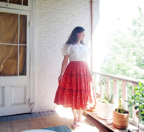 RESERVED 1950s cotton skirt RED Happy Farm girl by brighteststar