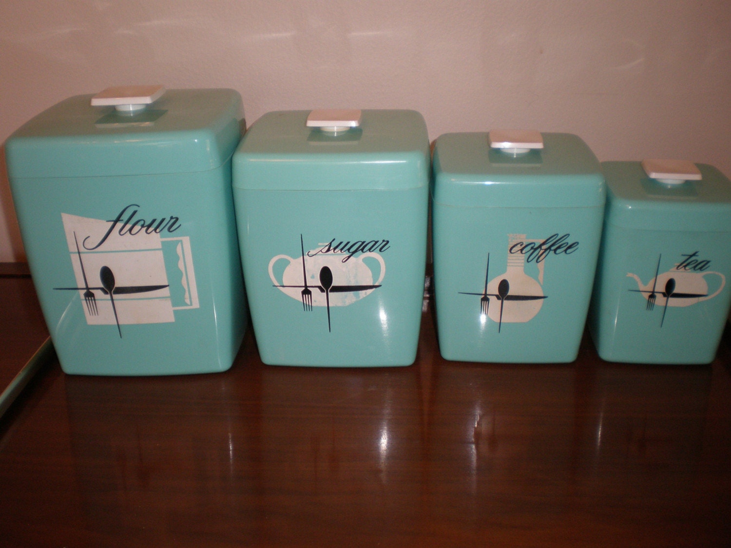 Vintage set  of Turquoise Aqua Plastic  Kitchen  Canisters