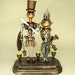Sky Captain Airplane Robot and Sexy Bride Bot Queen with Crown Wedding Cake Topper Wood Statues with Runway Base