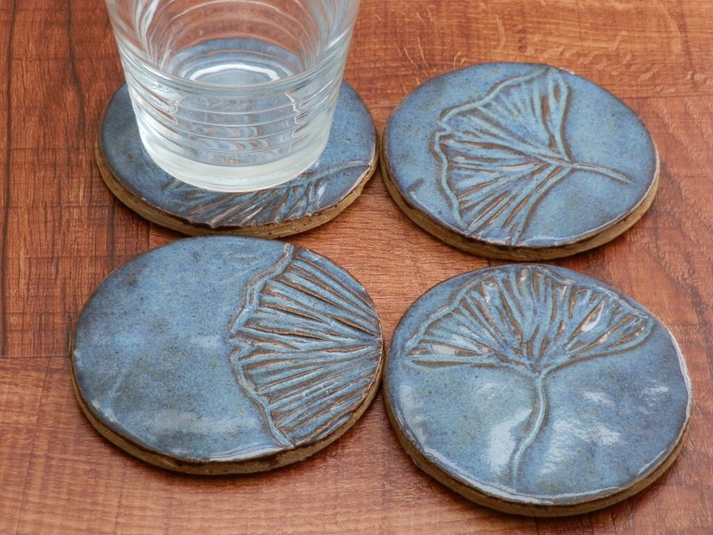STONEWARE Clay COASTERS Handcarved Gingko Design in BLUE