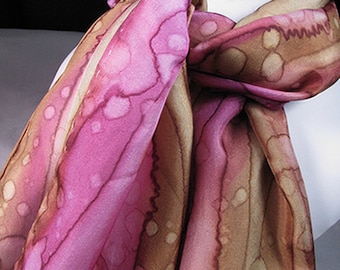 Scarf, Hand Painted Silk Scarf, Pink, Brown - Raspberry Expression