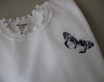 Butterfly Embellished ("SUPER SWEATS") Sweatshirt with Ruffled Neck - Large