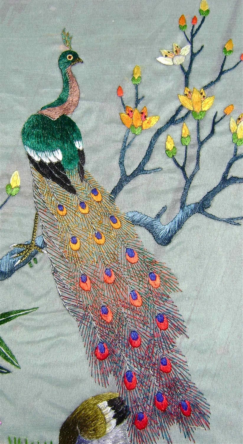 Peacock Silk on Silk Embroidery