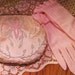 Moving Sale Use Code (15PERCENTOFF) Vintage Clutch/Purse Circa Late 40s Pink and Green Hand Beaded Satin Cream Pink Lace Ruffled Gloves