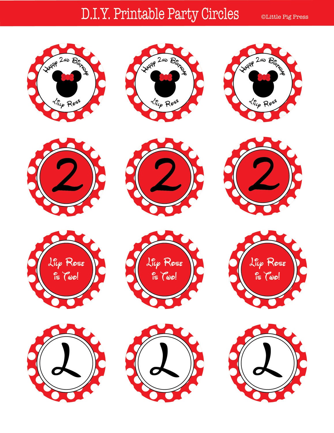 Red Minnie Mouse PRINTABLE Party Circles DIY