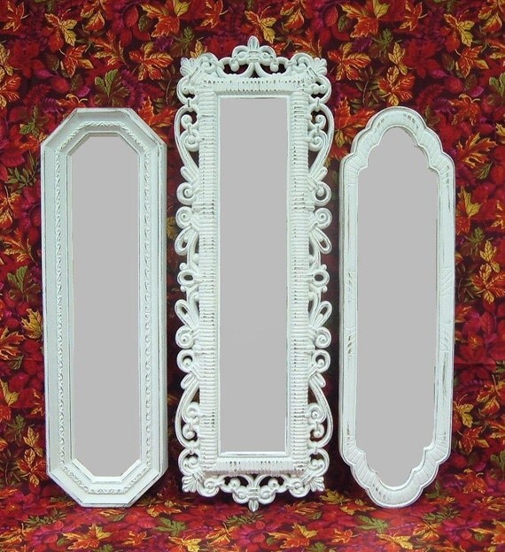 Shabby Chic White Distressed Long Mirror Set Ornate Frames
