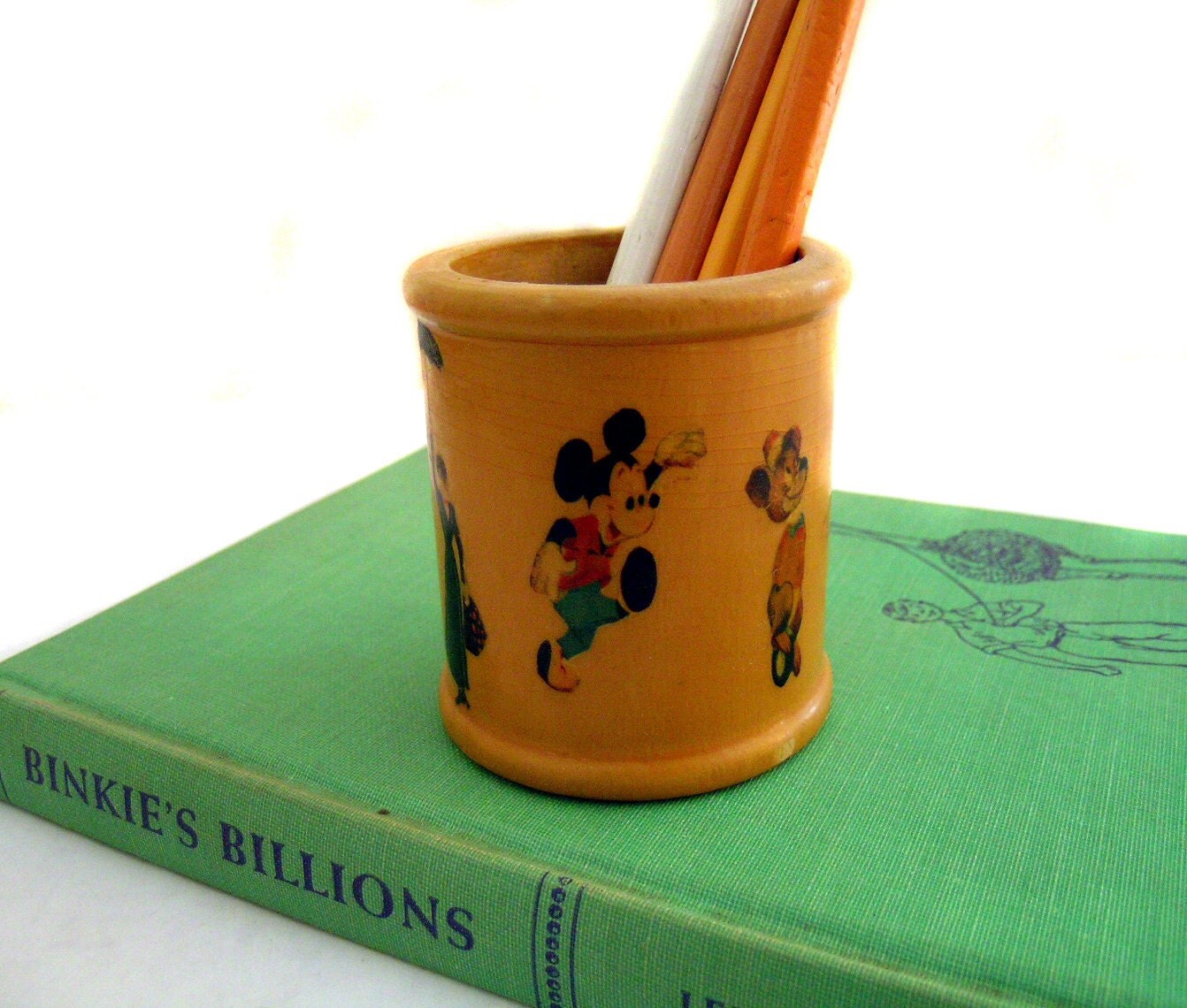 Disney Pencil Holder Mickey Mouse Goofy Wooden Yellow