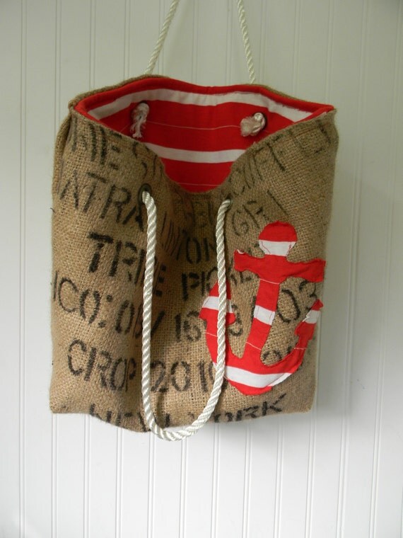 Coffee Bean Burlap Tote with Yellow and Gray Lining and Gray