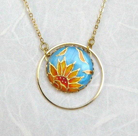 Items similar to Sunflower necklace handpainted, turquoise jewelry