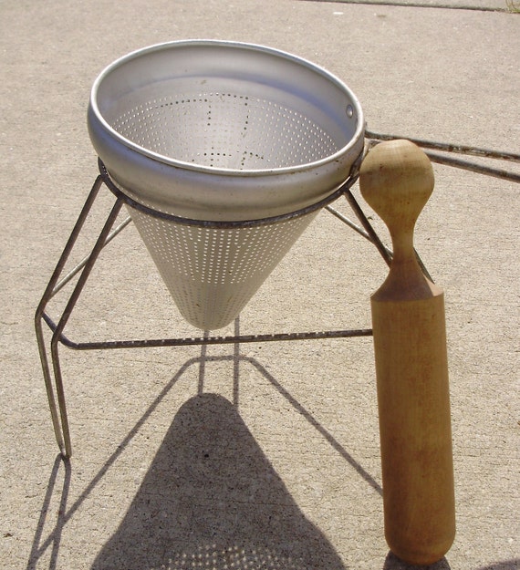Vintage Sieve Strainer Colander with Wood Pestle
