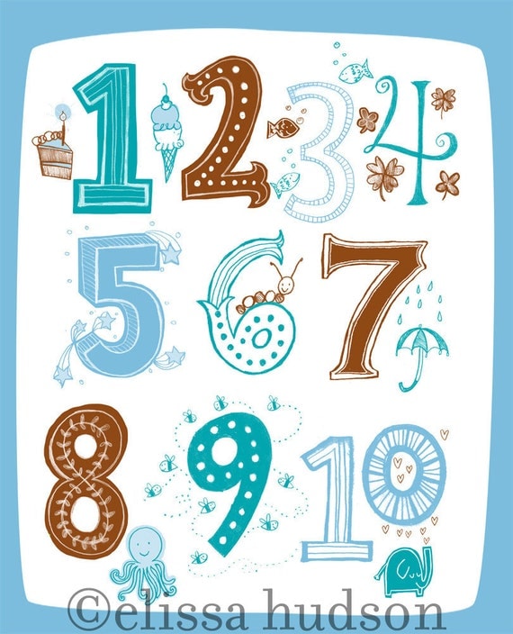 Illustrated Numbers Wall Art Print Count to 10 Blue Brown