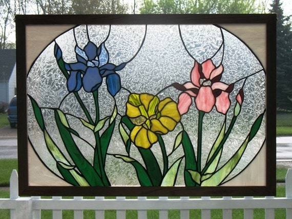 Three Iris Stained Glass Window Panel by GailsGlassGarden on Etsy