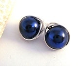 Navy Blue Glass Pearl Earrings with Sterling Silver, Stud or Dangle, Nautical Wedding Chic