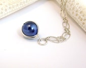 Navy Blue Necklace with Pearl and Sterling Silver Wire Wrap, Nautical Wedding, Nautical Bride