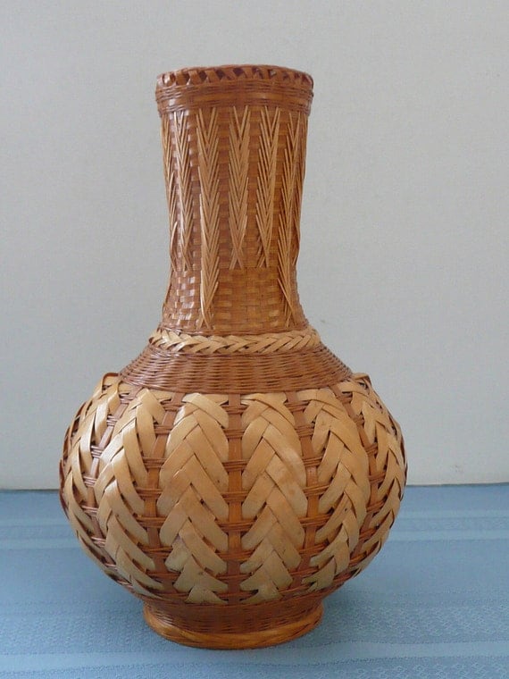 Woven Wicker Covered Porcelain Vase by SimplyElegantVintage