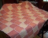 Homespun Rag Quilt Large Throw Size, Red Quilt, Country Primitive Quilt, Handmade in NJ
