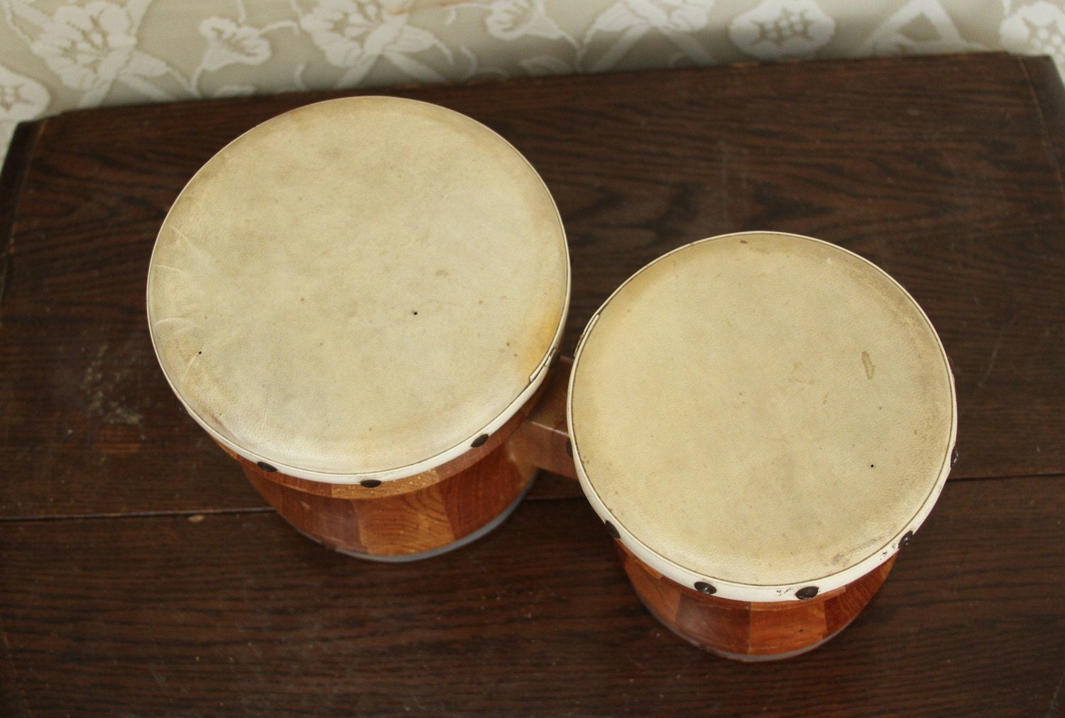 Super awesome BONGO DRUM SET wood and leather drums