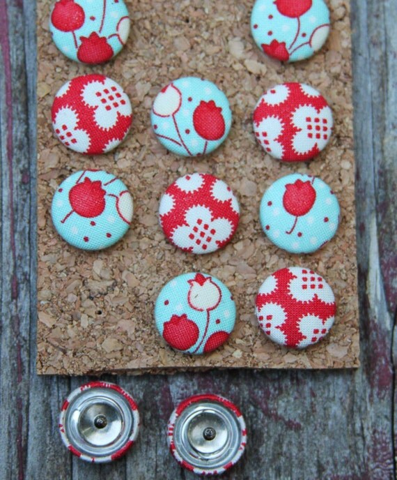 Fabric Button Push Pins Thumb Tacks Bliss Tulips Red