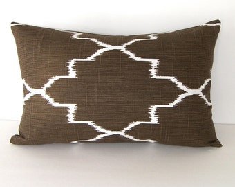 Decorative Designer Lumbar Ikat Pillow Cover in Coffee Brown and White - 12x18 or 12x20 inches