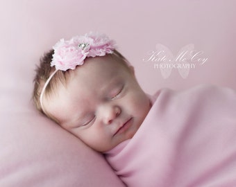 Baby headband, newborn headband, infant headband, photo prop, pink shabby flower headband