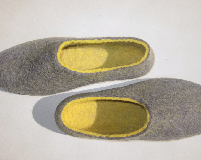 Women House Felted Slippers Felt Shoes Boiled Wool, Color Block Rubber Soles Winter Booties, Gray And Yellow, Best Seller, Christmas July