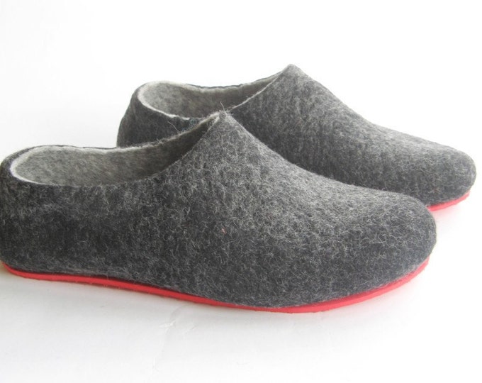 Felted Wool Eco Friendly Slippers Charcoal Handmade, Rubber Soles Mens Felt Shoes, Organic Wool Natural Cozy Slippers, Gray Black Slippers
