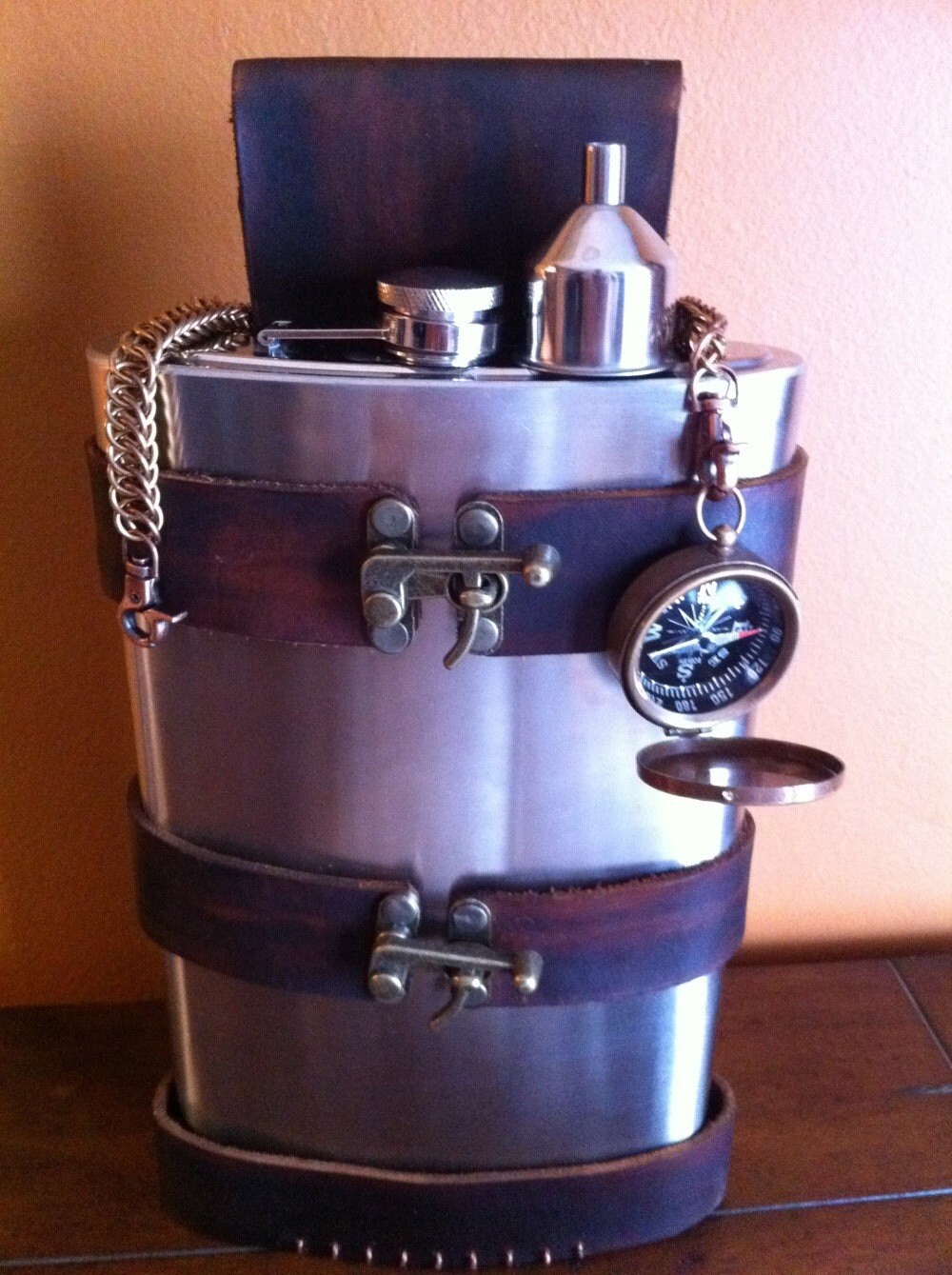 Leather Steampunk Flask Holder / Holster with 64 oz Flask