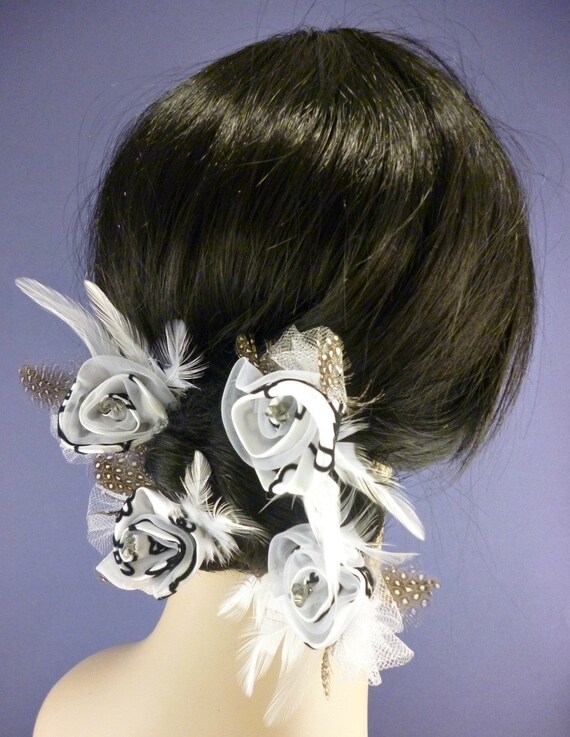 Black and White Orchid Bobby Pins With Black Diamond Swarovski