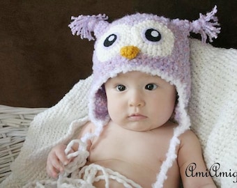 Crochet Fuzzy Soft Purple/Pink Owl Hat (6-12m)