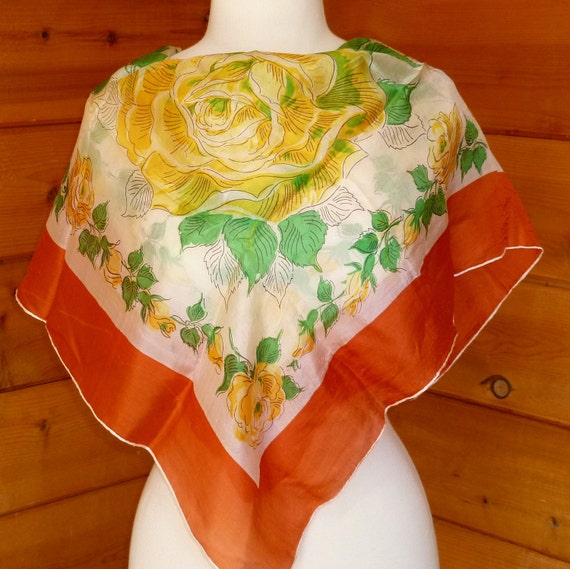 Yellow Roses Large Silk Scarf Vintage 1960s