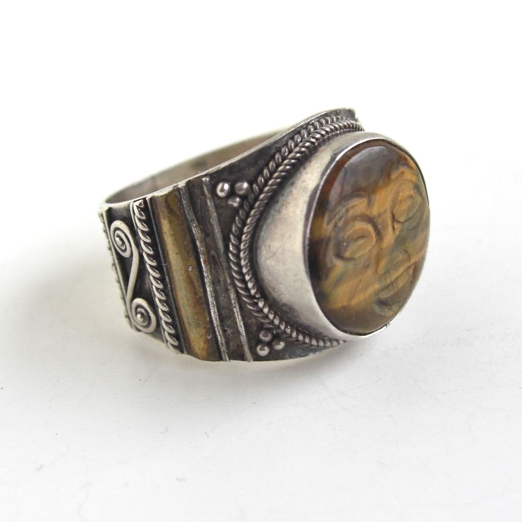 Vintage Sterling Silver Carved Tigers Eye Ring Large And By Lucra