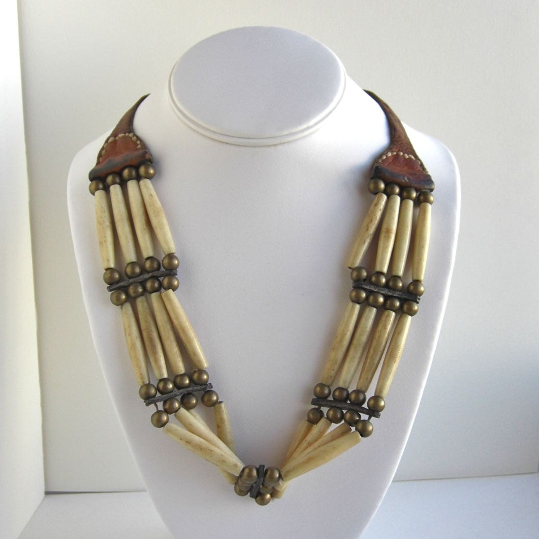 Vintage Native American Bone Leather & Bead Necklace by lucra