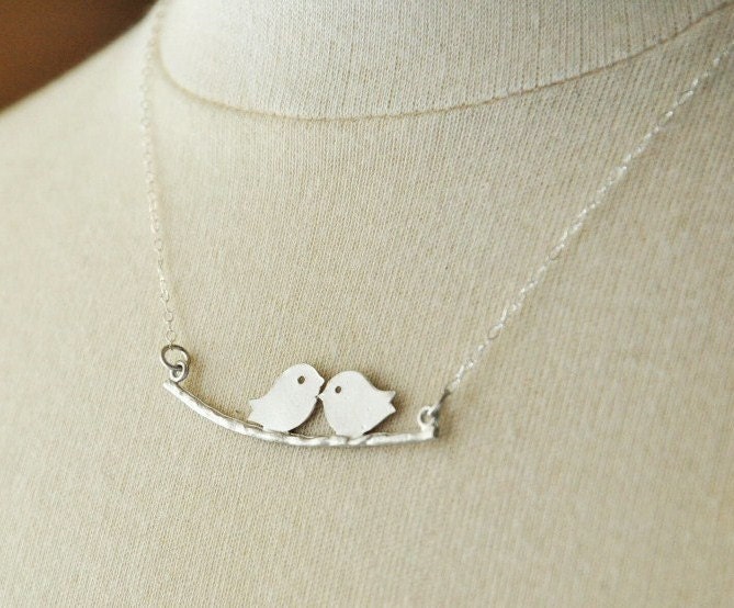 SALE-Silver Kissing Lovebirds Necklace, Couples Necklace, Cute Necklace, Whimsical Necklace, Dainty Necklace, Sterling Silver Chain